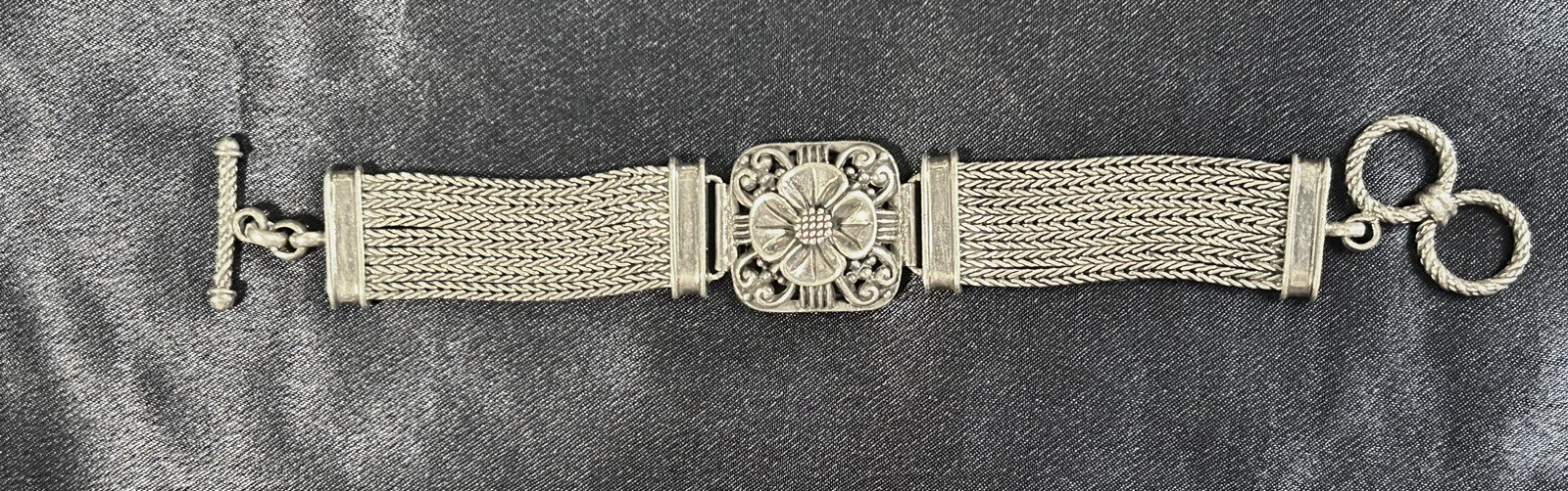 Vintage Floral .925 Sterling Silver Multi Strand Wheat Chain Bracelet