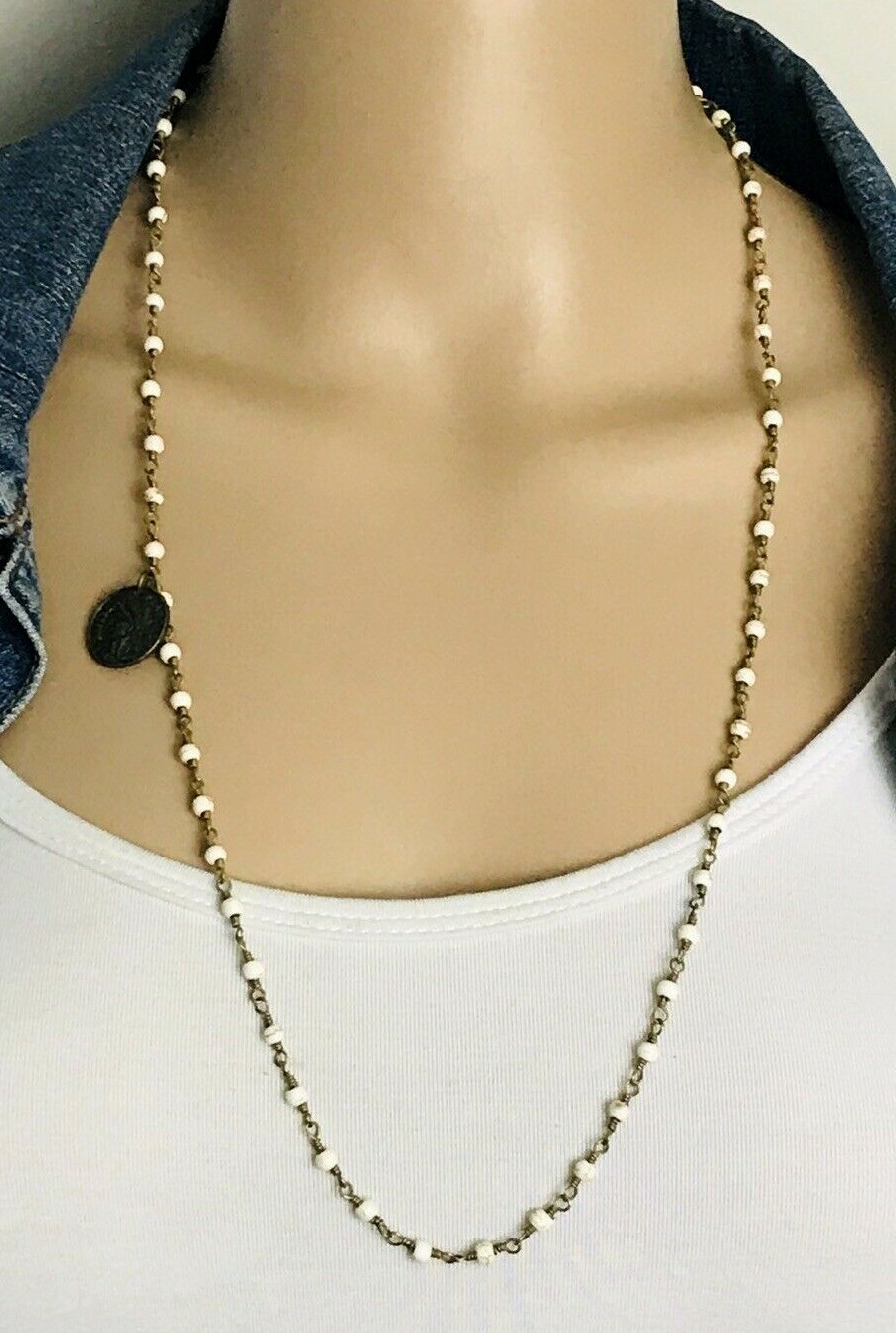 Vintage Beaded Rosary Style Republique Francais 1808 Coin Charm Necklace