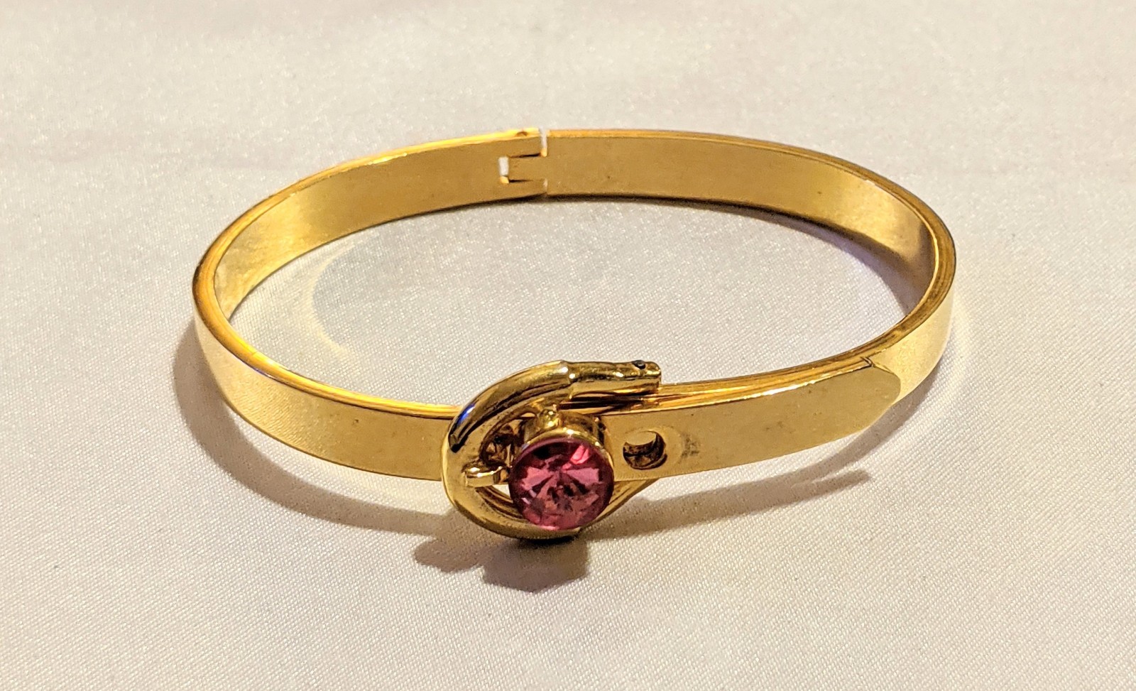 VTG 80s Hinged Bangle Bracelet Pink Crystal Buckle Adjustable Gold Tone Metal
