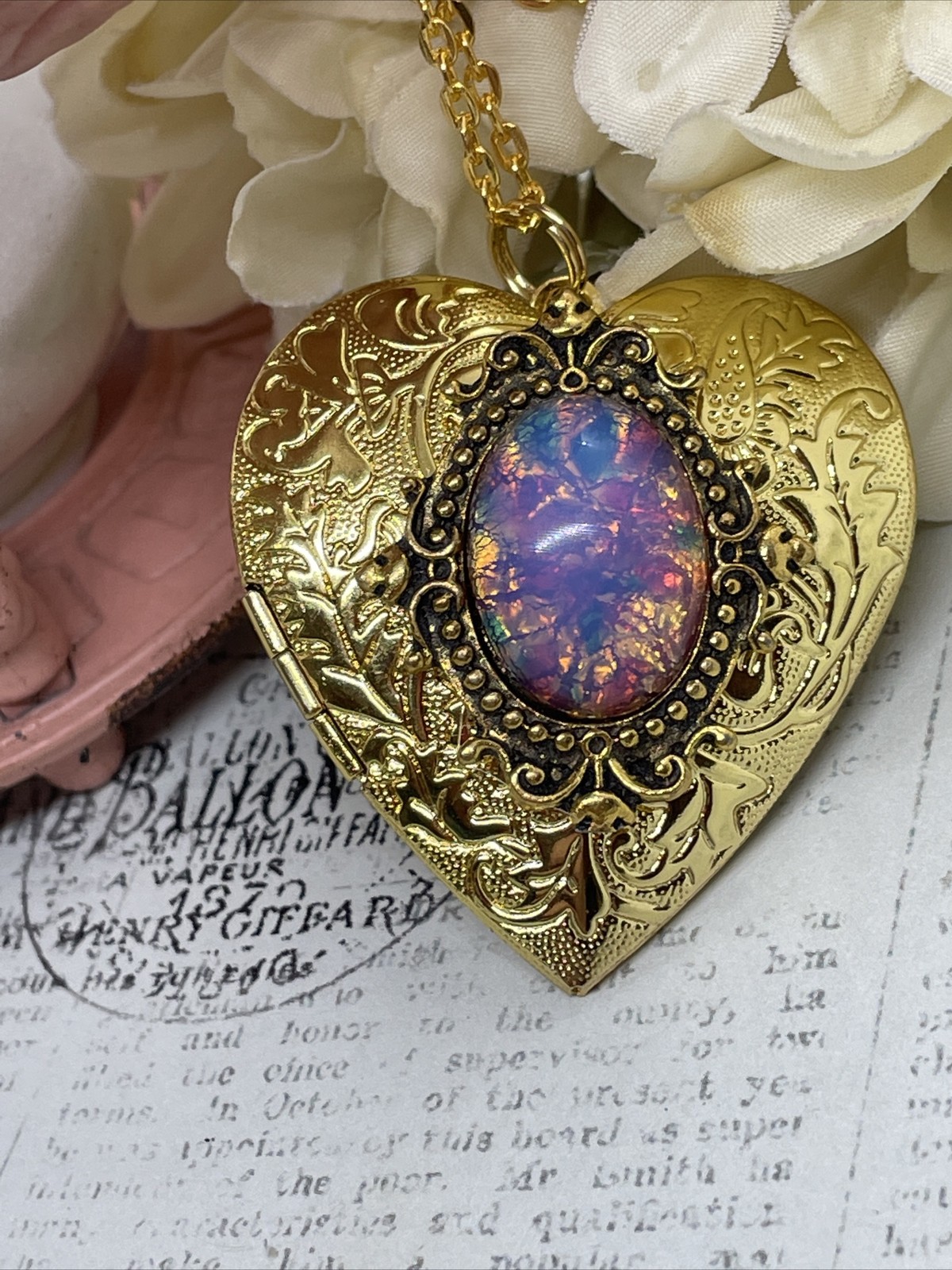 Gold Heart Locket Photo Harlequin Opal New Birthday Anniversary Wedding Necklace