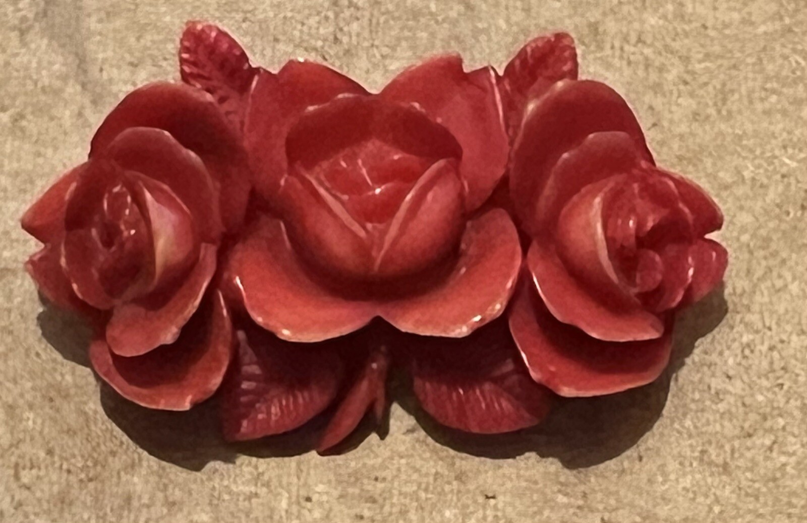 2 Vintage Carved Red Celluloid Plastic Rose Bouquet Floral Brooch Pin Lot