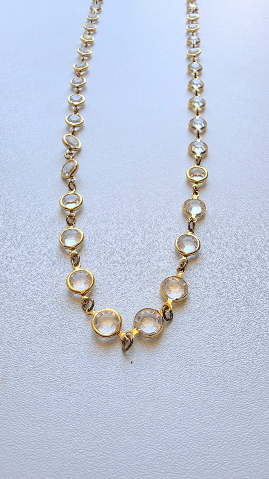Vintage Clear Austrian Crystal USA Necklace 34″ Gold Tone Open Bezel