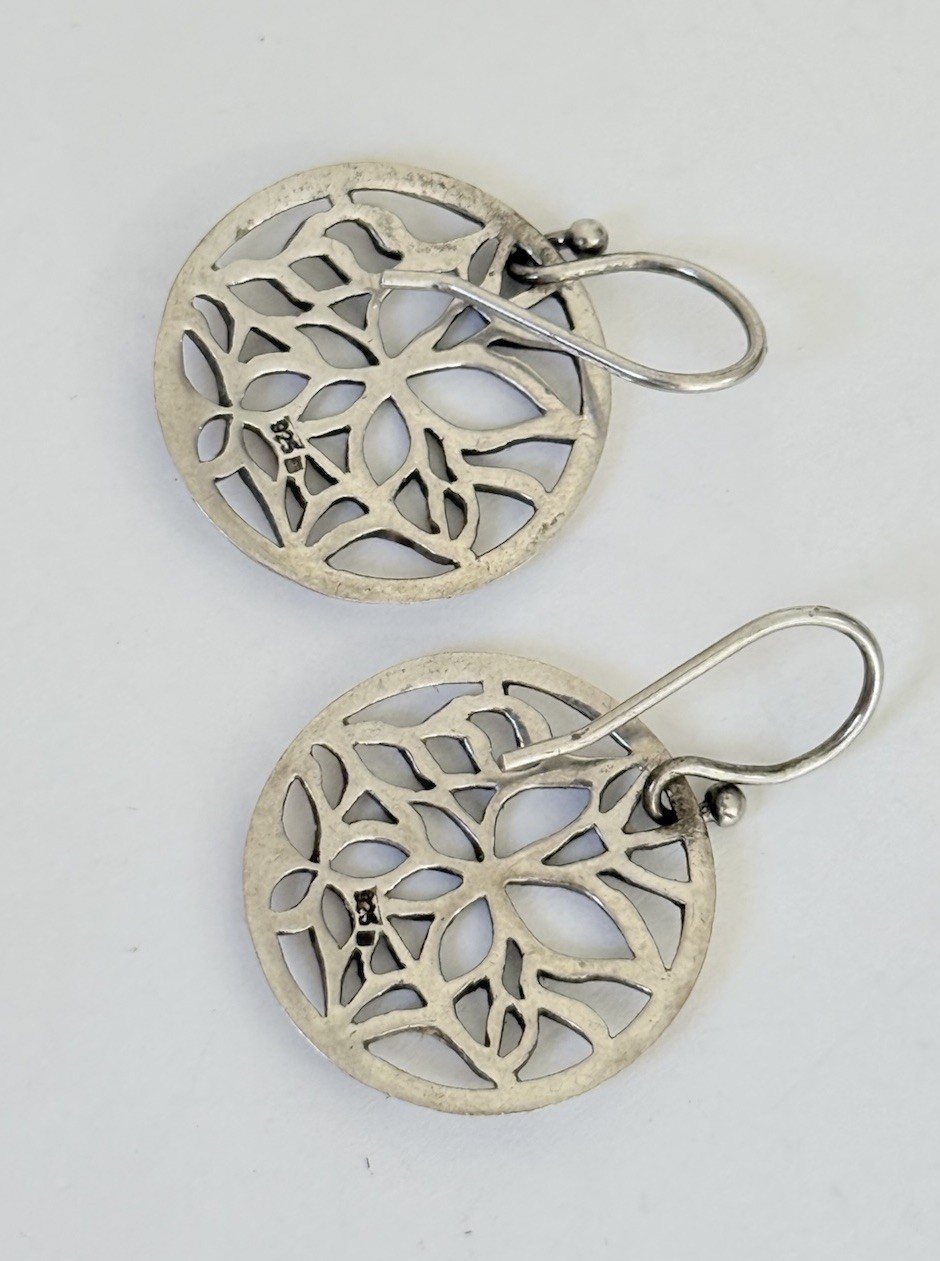 Vintage Sterling Silver Edelweiss Flower Filigree Mandala Hook Earrings