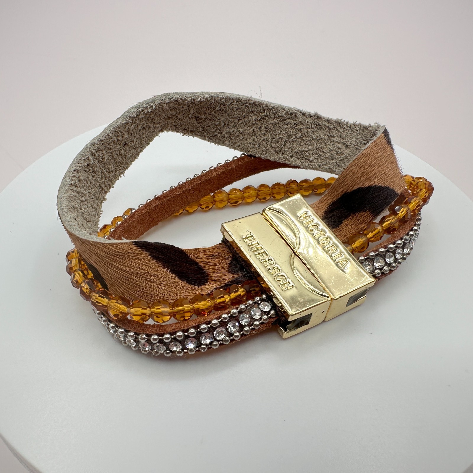 Victoria Emerson Gold Tone Multi Strand Wrap Bracelet Leopard Hair Calf Crystal