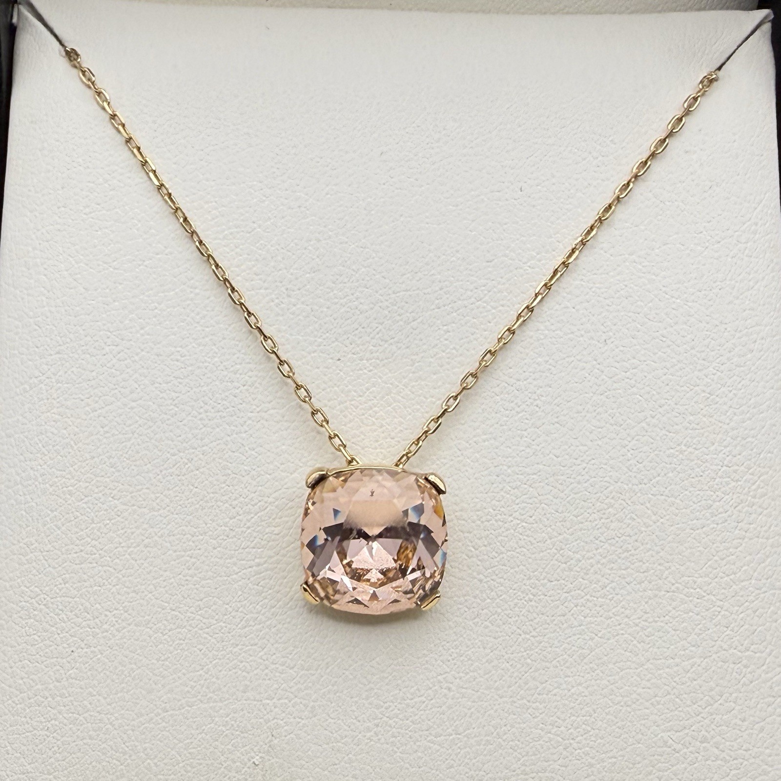Gold Tone Blush Champagne Cushion Cut Crystal Pendant Necklace Modernist Sparkle