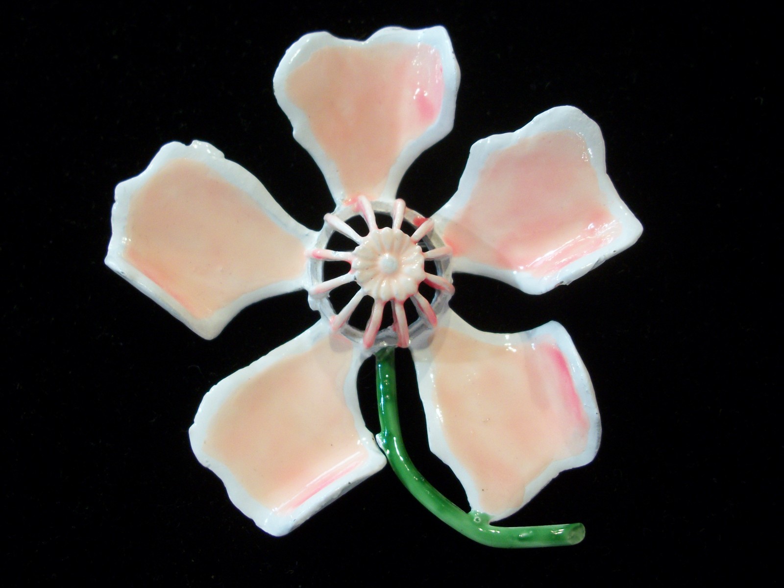 VTG*RARE*MeTaL ENaMeL*PEACH/PINK BLEND*WHiTE SWiRLy FLoWeR PiN/SPRINGTIME BEAUTY