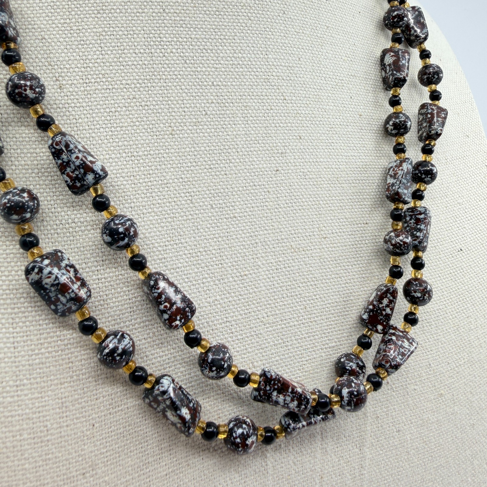 Vintage Brown White Mottled Bead Multi Strand Necklace Chunky Statement Boho Art