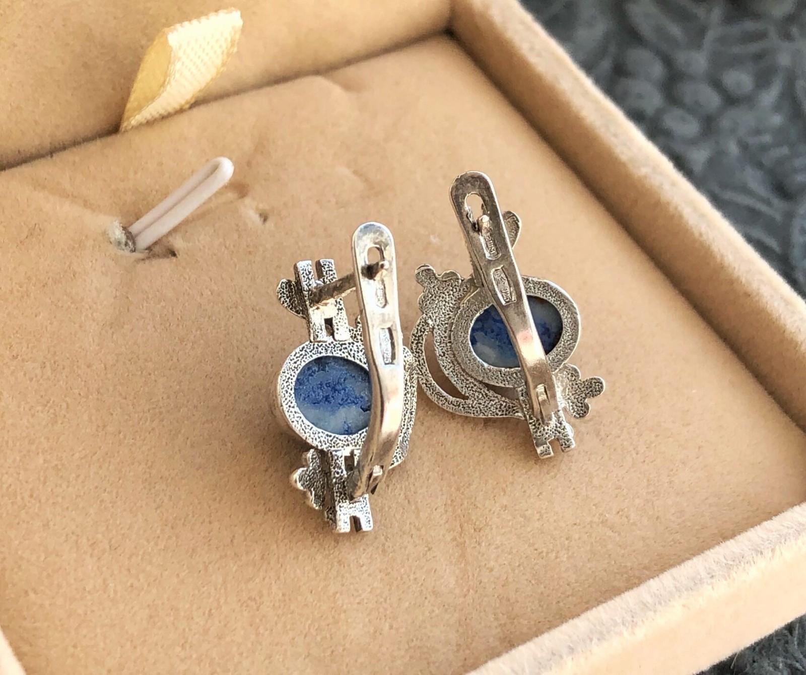 Estate Vintage Soviet Earrings Sterling Silver 925 Lapis Lazuli Jewelry USSR