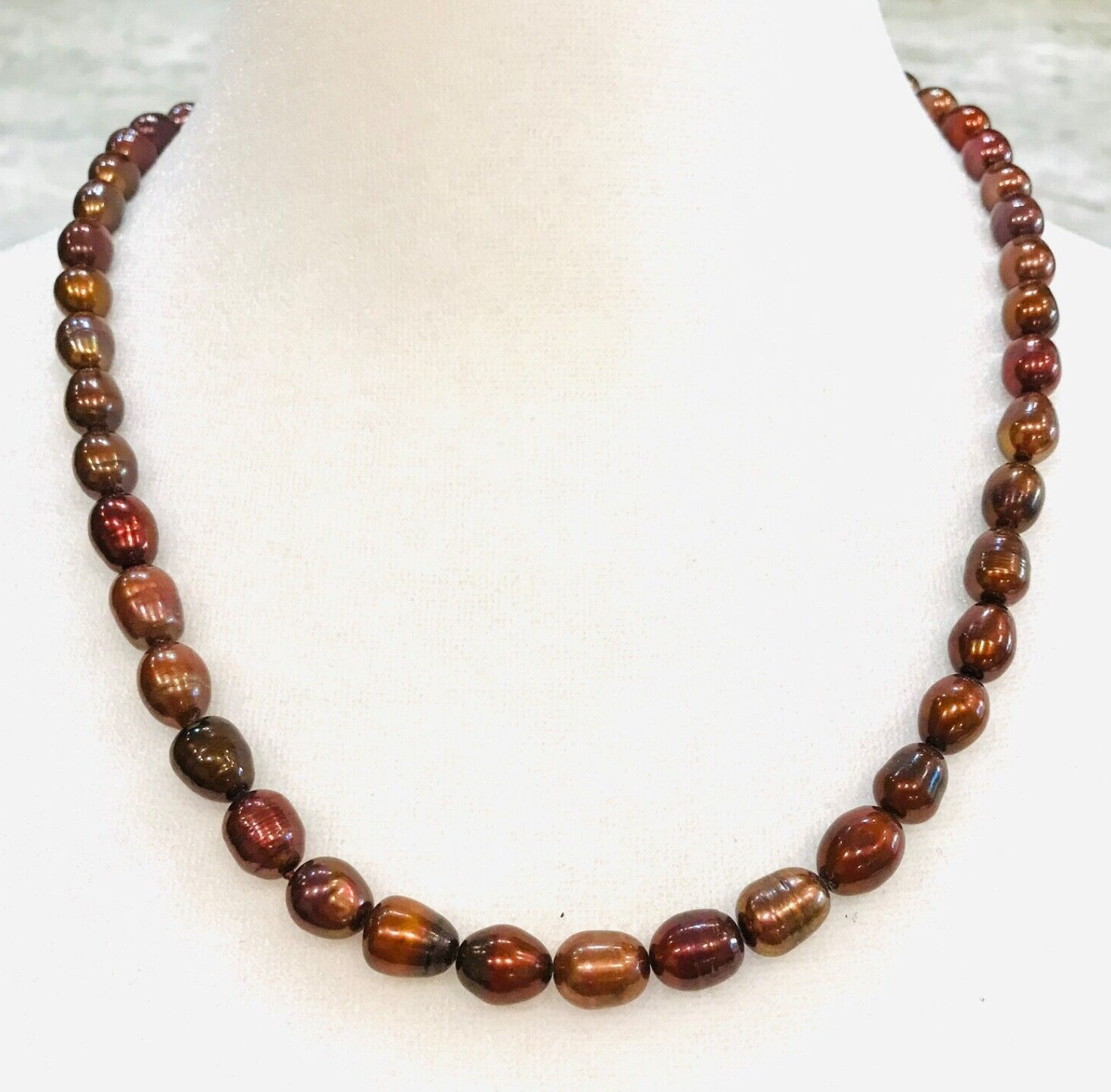 QVC Pearl Necklace strand Chocolate 925 Bronze FW 10mm Hand Knot HSN 18-20”
