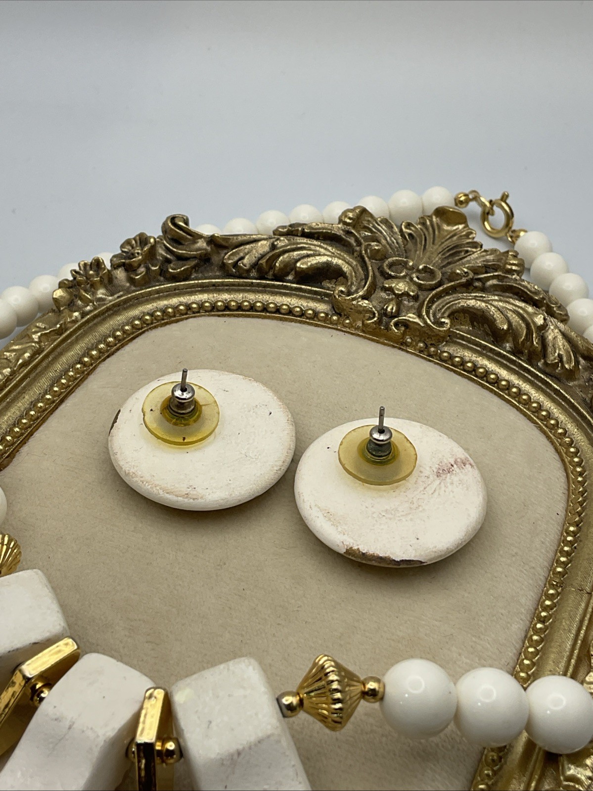 Vintage 60s-80s White & Gold-tone Chunky Bib Necklace/ Earring Set Marked Japan