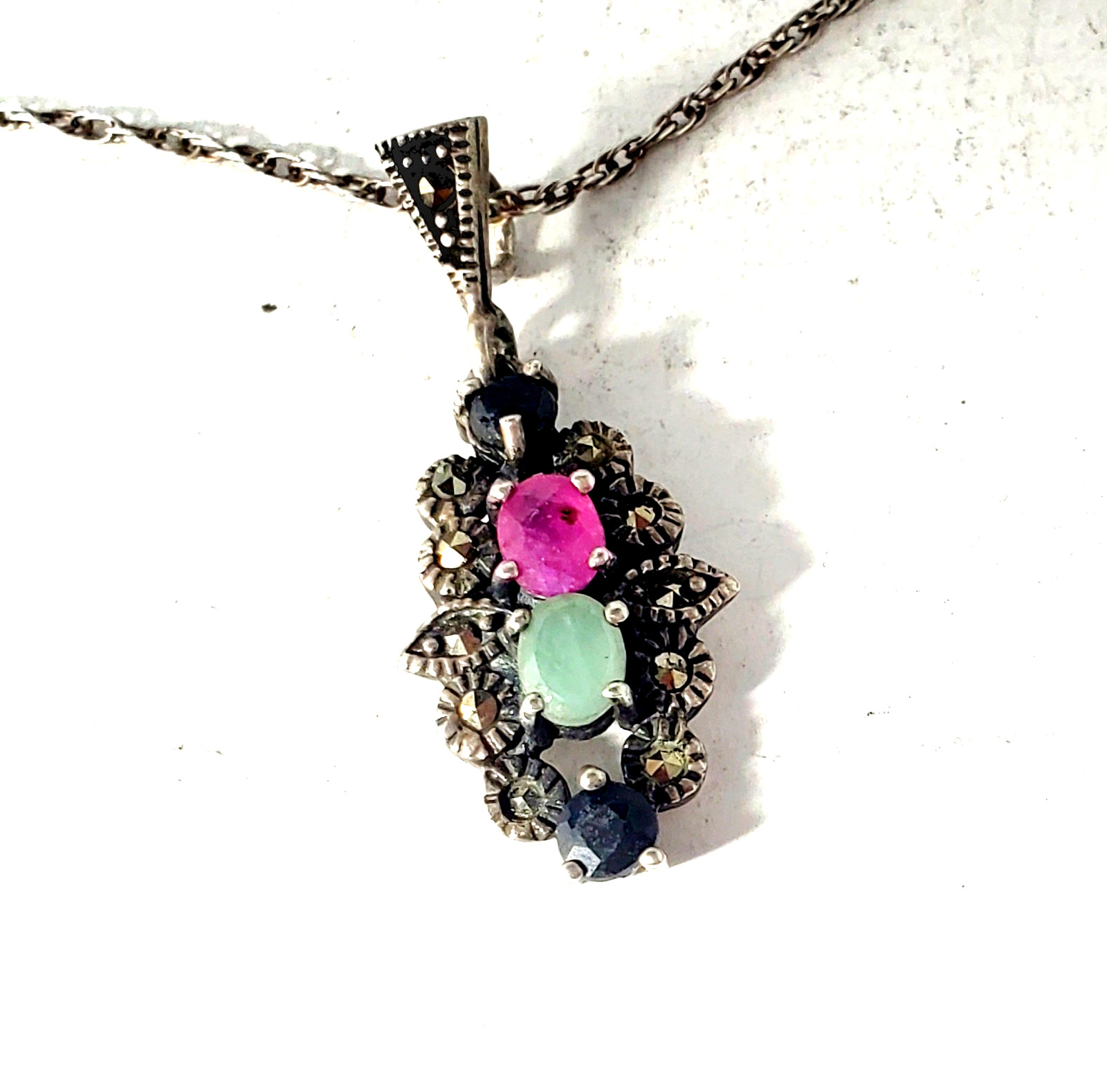 Vtg Sterling Silver Ruby Emerald Sapphire w Marcasites Pendant Necklace Lot 18″