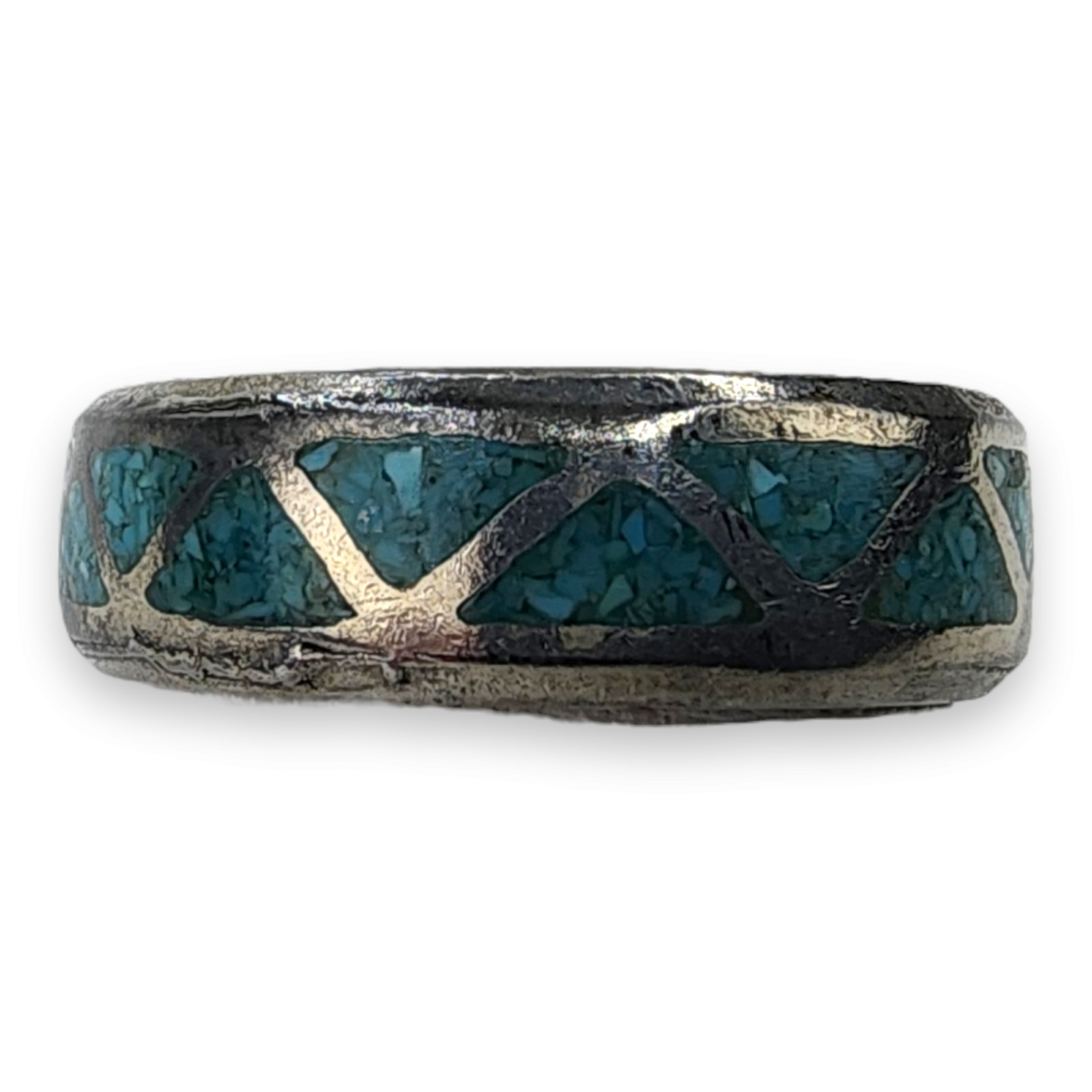 Vintage Southwestern Souvenir Nickel Silver Turquoise Chip Inlay Ring Size 10.5