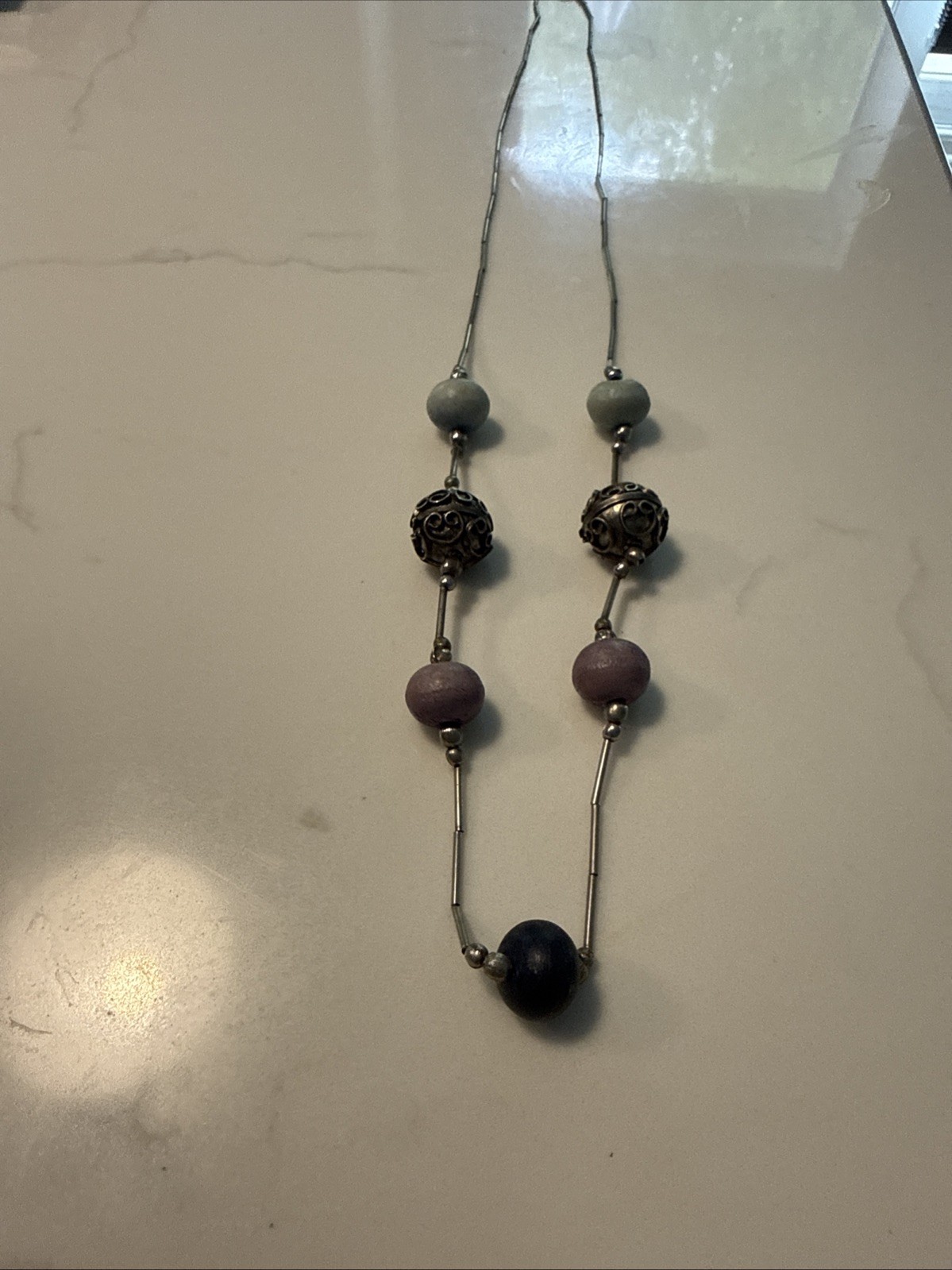 Vintage Liquid Silver Tone And Purple, Blue, Black And Silver Beaded Necklace