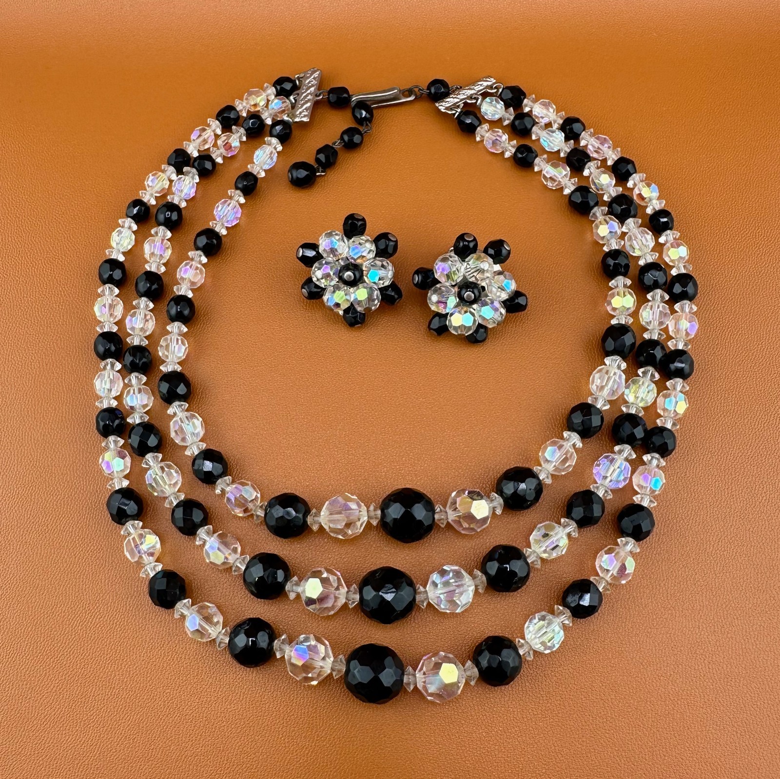 Vintage AB Crystal Bead Necklace Earrings Set Triple Strand Black & Clear 15″