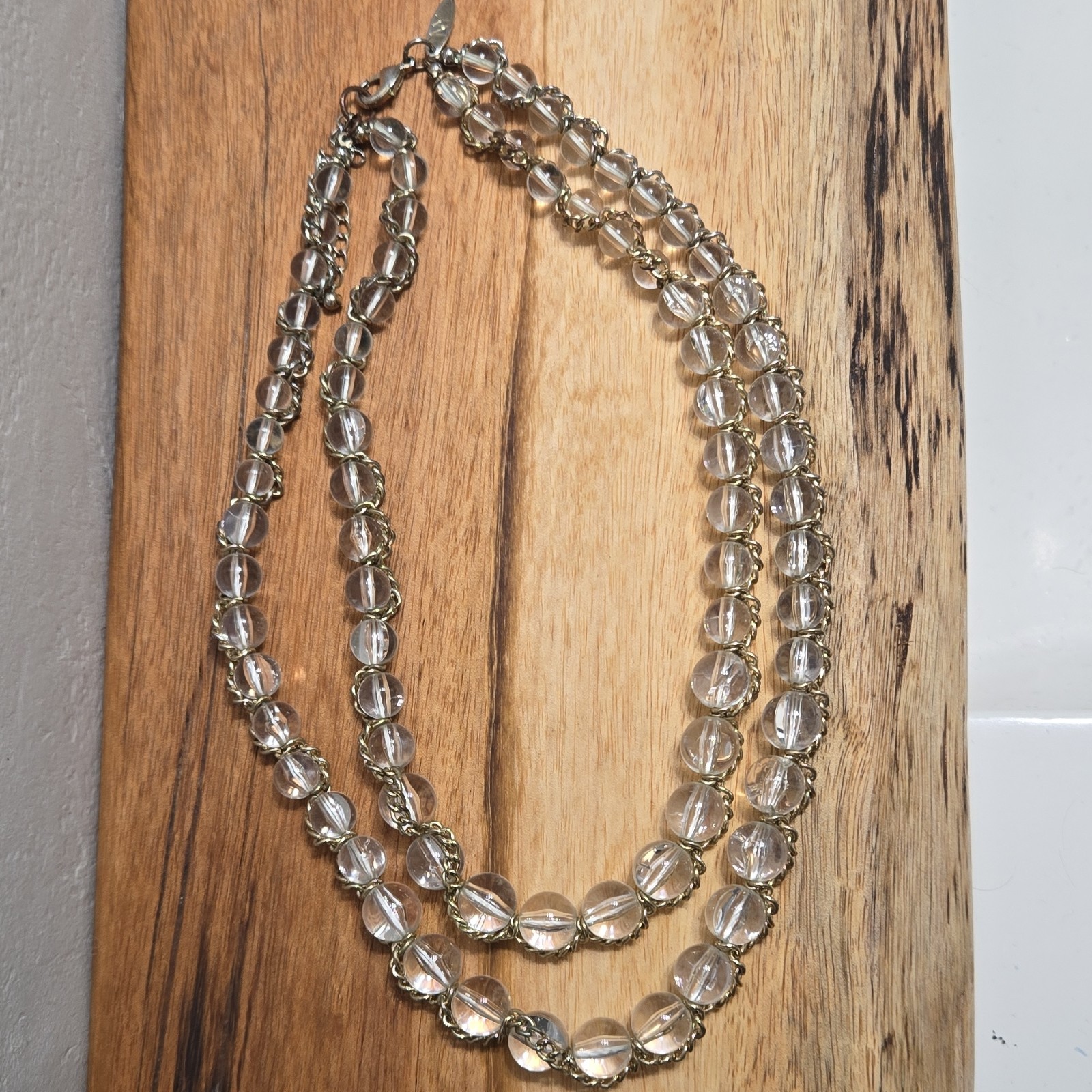 Vintage Layered Clear Glass Beaded Necklace with Hook Clasp and Metal Chain