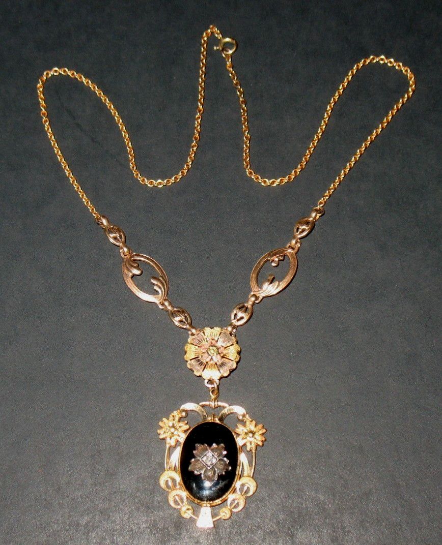 Fabulous Victorian 10k 2 Color Gold Necklace W/Gemstone Black Onyx 12″ Chain