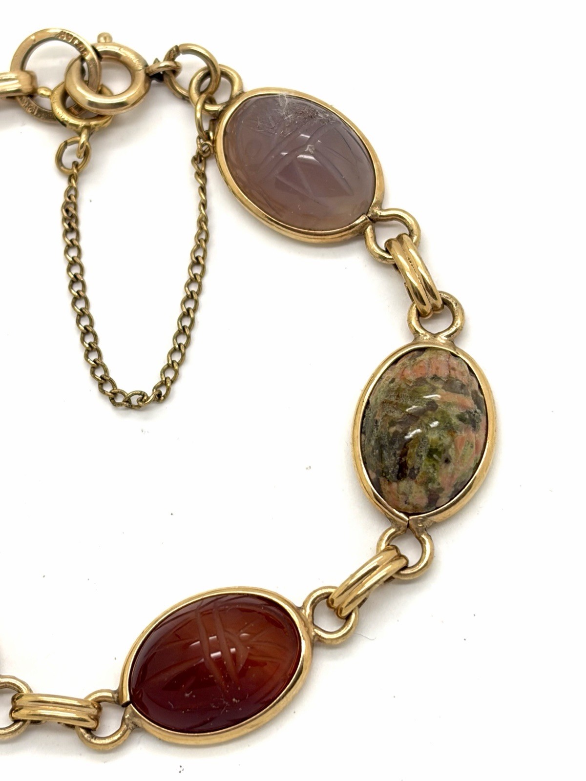 Vintage Bojar 1/20 12k G.F. 7” Scarab Gemstone Bracelet Bloodstone Carnelian