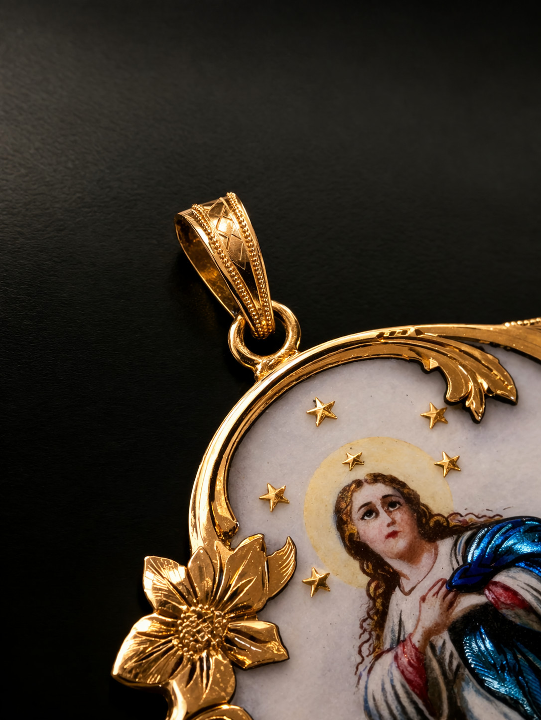 Antique 18K Gold Enamel Virgin Mary Pendant – 19th Century Religious Medal Rare