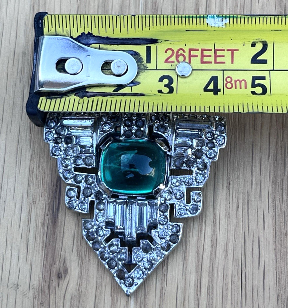 Antique 1933 Green Glass Art Deco Triangle Scarf Dress Clip Brooch Pin Set