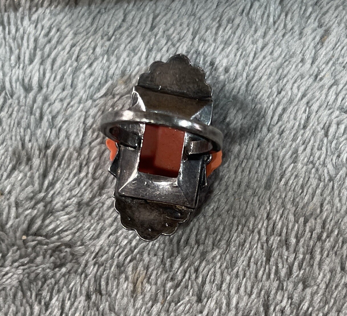 Antique Sterling Marcasite Coral Glass Floral Ring, Size 3.75
