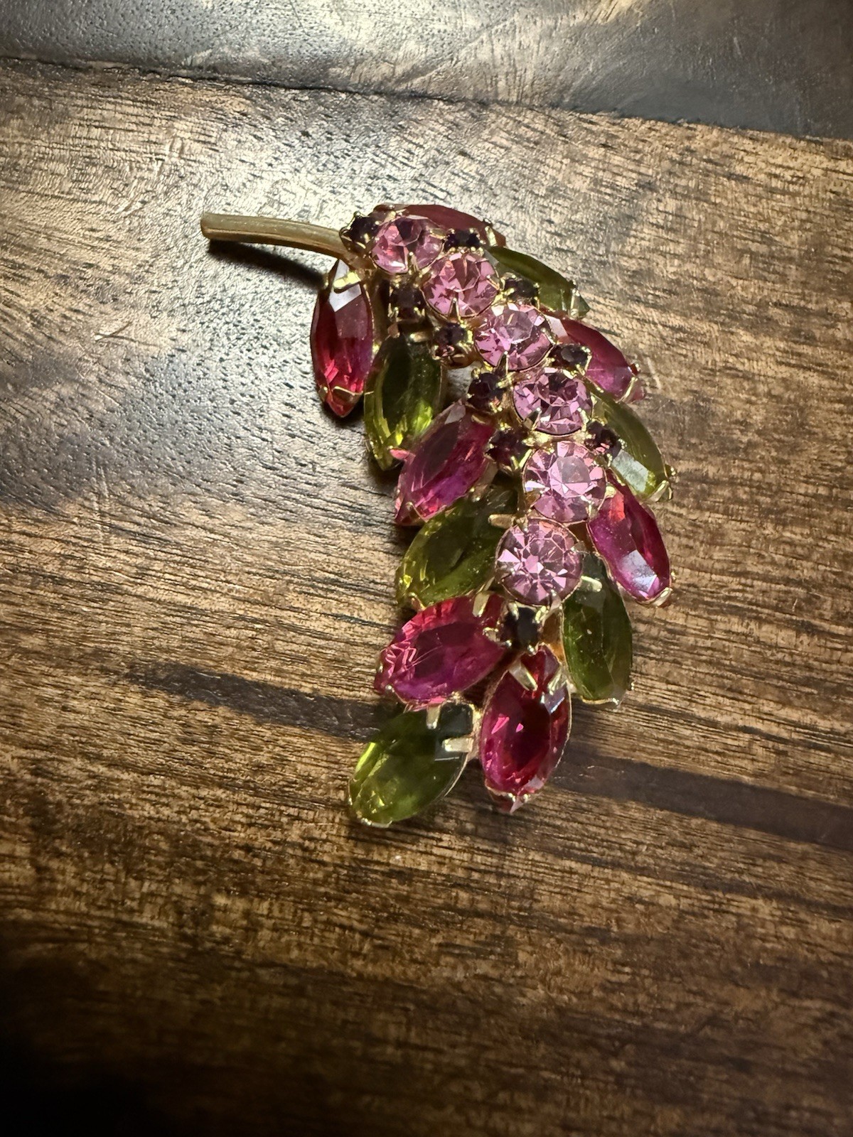 Vintage Gold Tone Domed Leaf Pin/Brooch w/ Pink and Green Prong Set Glass Stones