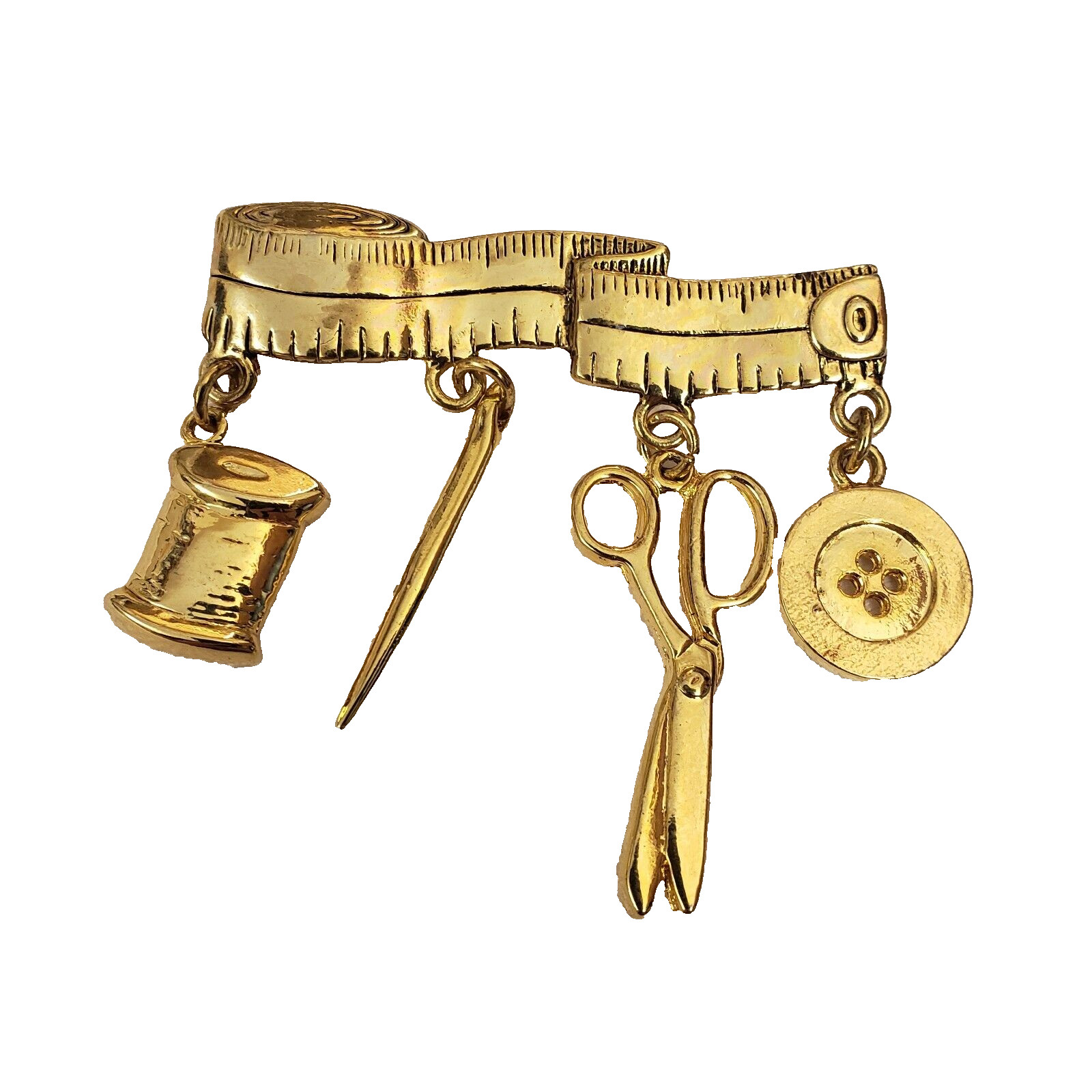 Sewing Tools Gold Tone Vintage Brooch Jewelry Measuring Tape Needle Scissors ++
