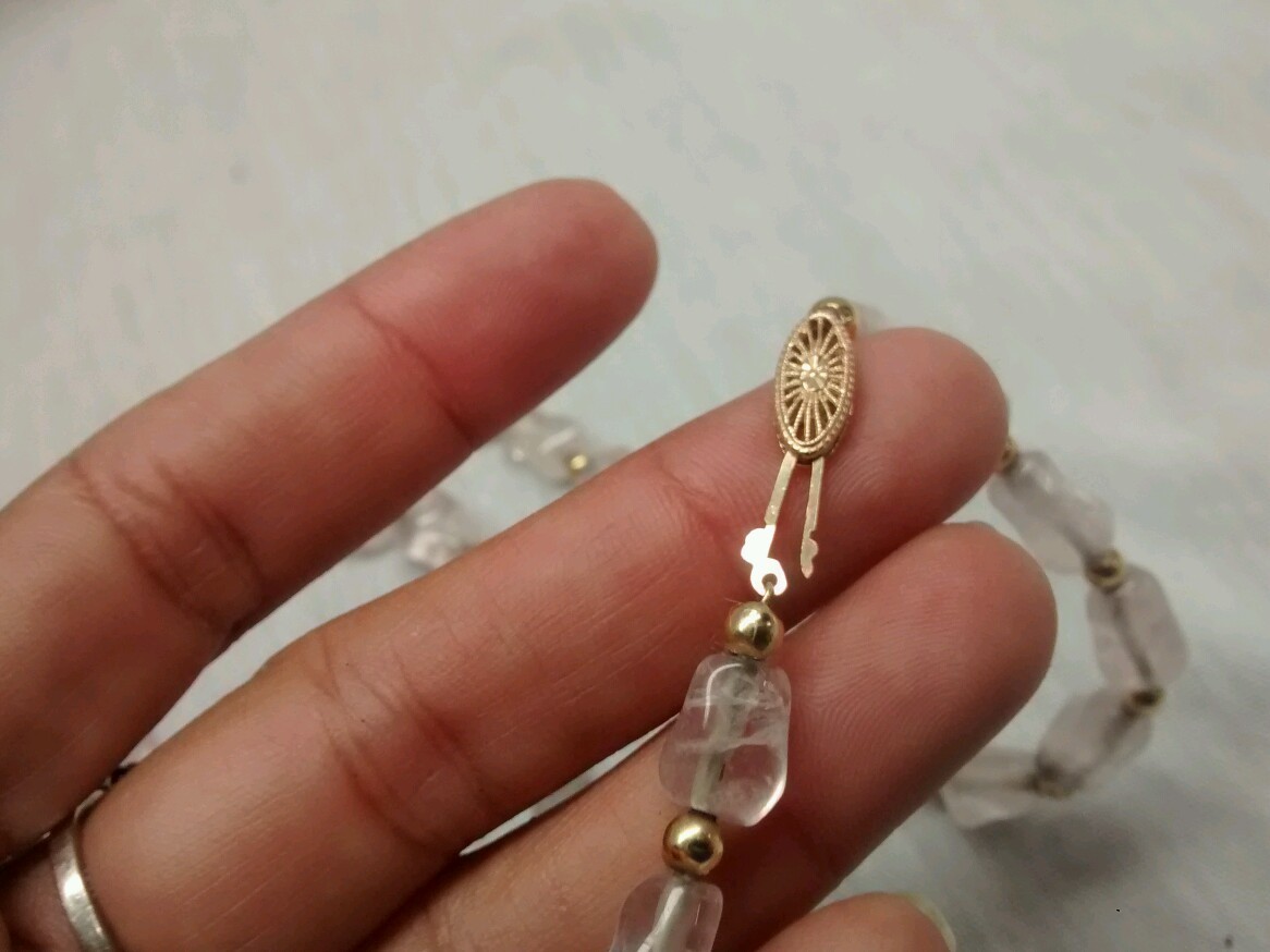 Stunning antique art deco Chinese carved rose quartz 14k gold beads necklace