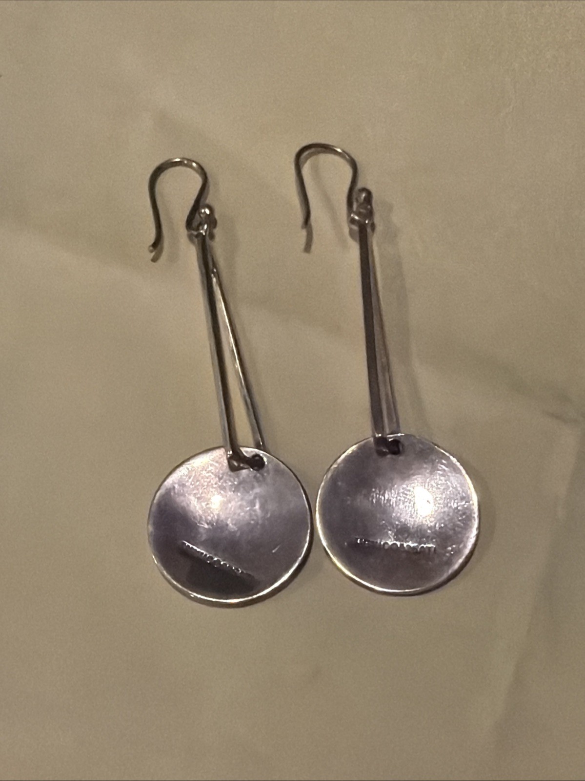 VTG Signed ATI Mexico 925 sterling silver hammered drop hoop Earrings Taxco 3”