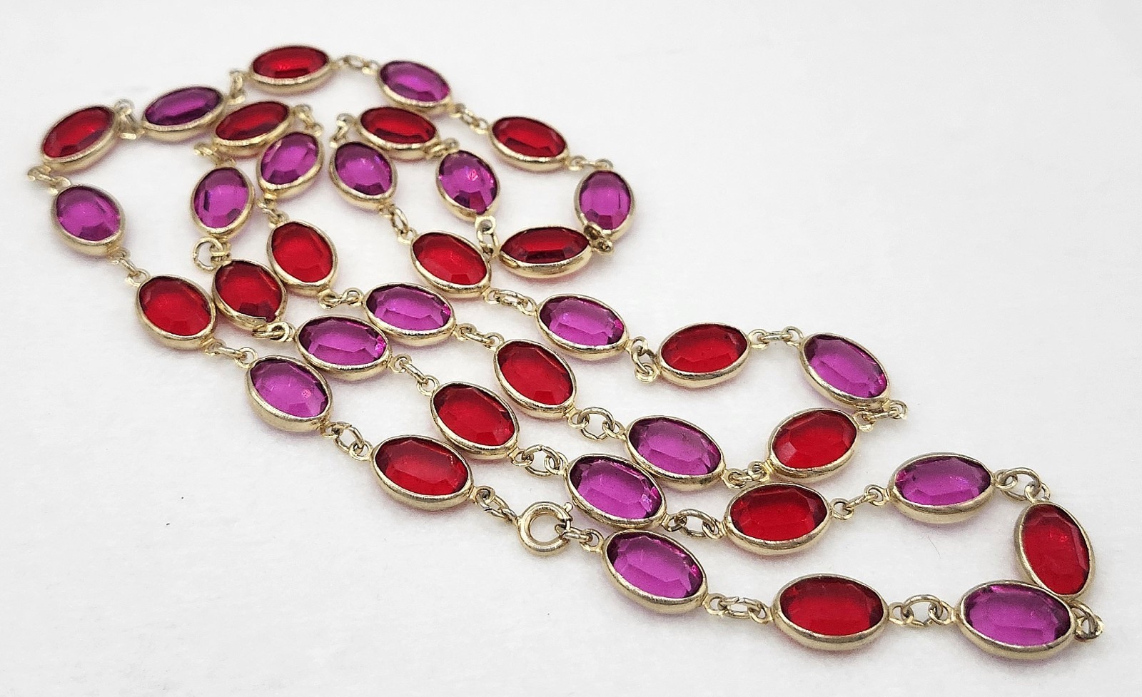 Vintage Bezel Set Oval Fuchsia Pink & Red Crystal Opera Length Necklace 29″ Long