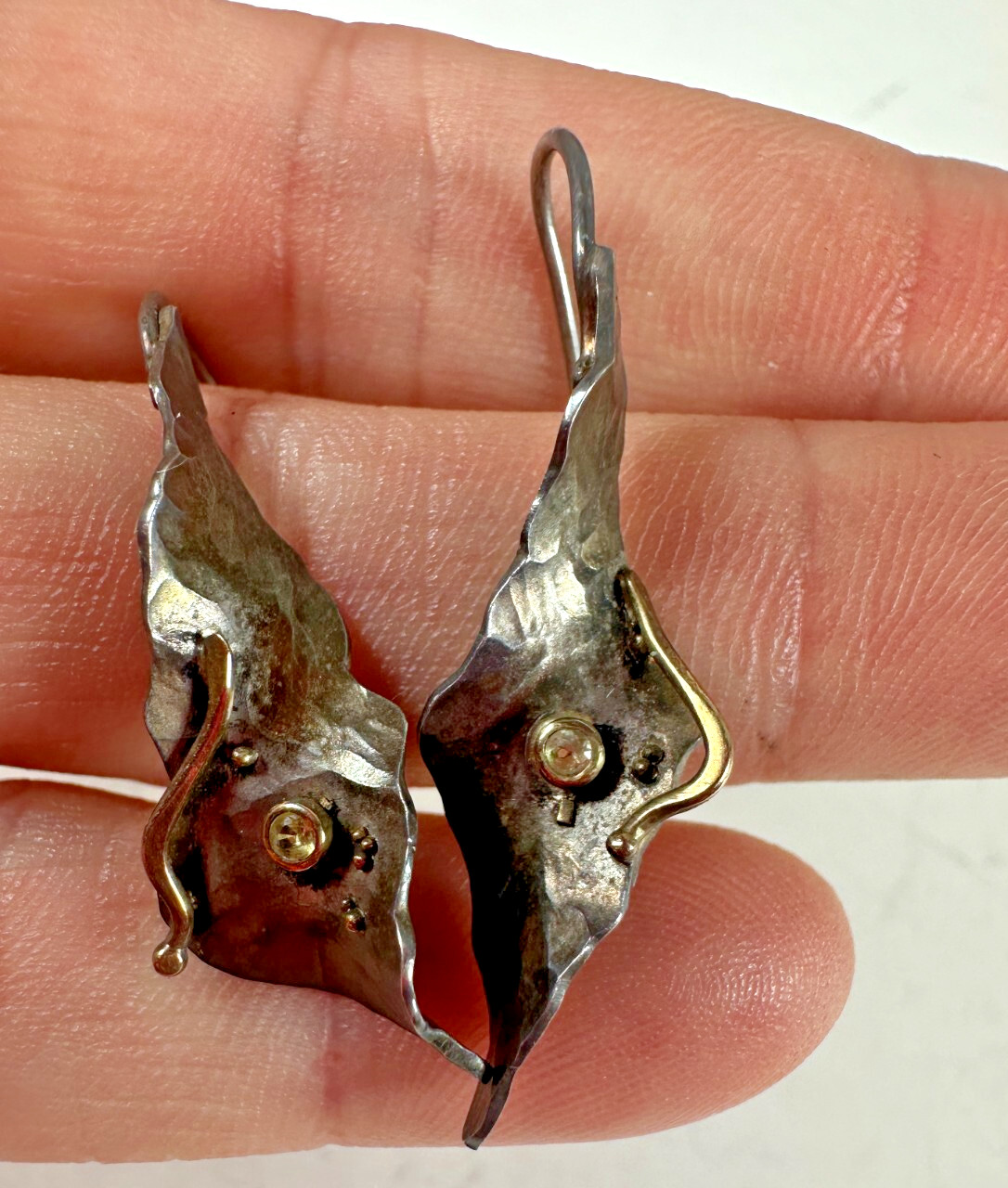 Vintage Earrings Leaf Shape Sterling Silver 18K Gold Nature Pierced Signed
