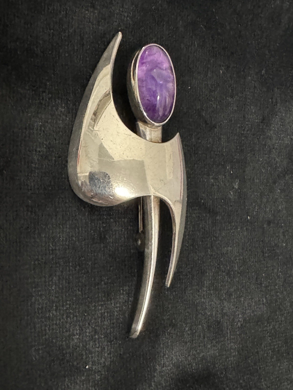 Vintage N.E. From Denmark Sterling Silver & Amethyst Cabochon Modernist Brooch