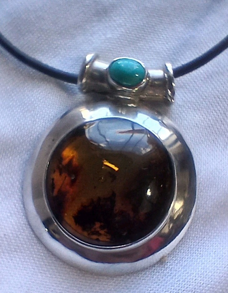 Vintage 1980’s Amber Turquoise And 950 Silver Pendant on Leather Cord