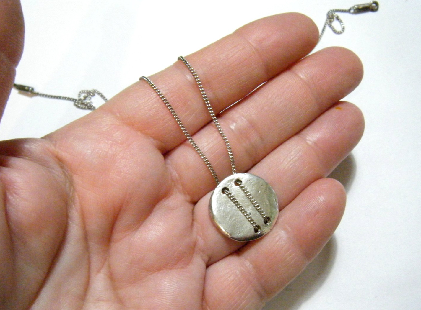 Kit Heath KH Vintage 80s Modernist Necklace Sterling Silver Chain Threaded Coin