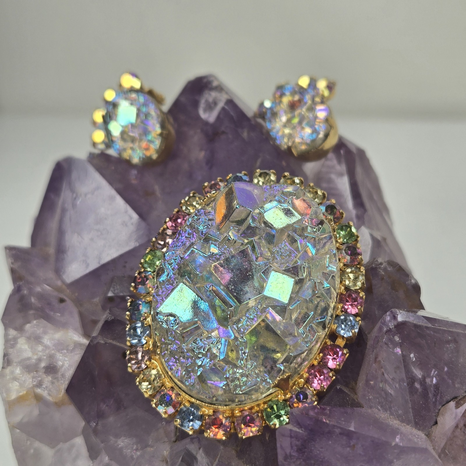Vintage Juliana DeLizza & Elster Crystal Geode Brooch & Earrings Rare Book Piece