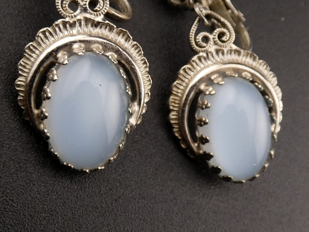 Vintage Glass Faux Moonstone Cabochon Brooch Pin and Clip On Earrings Set