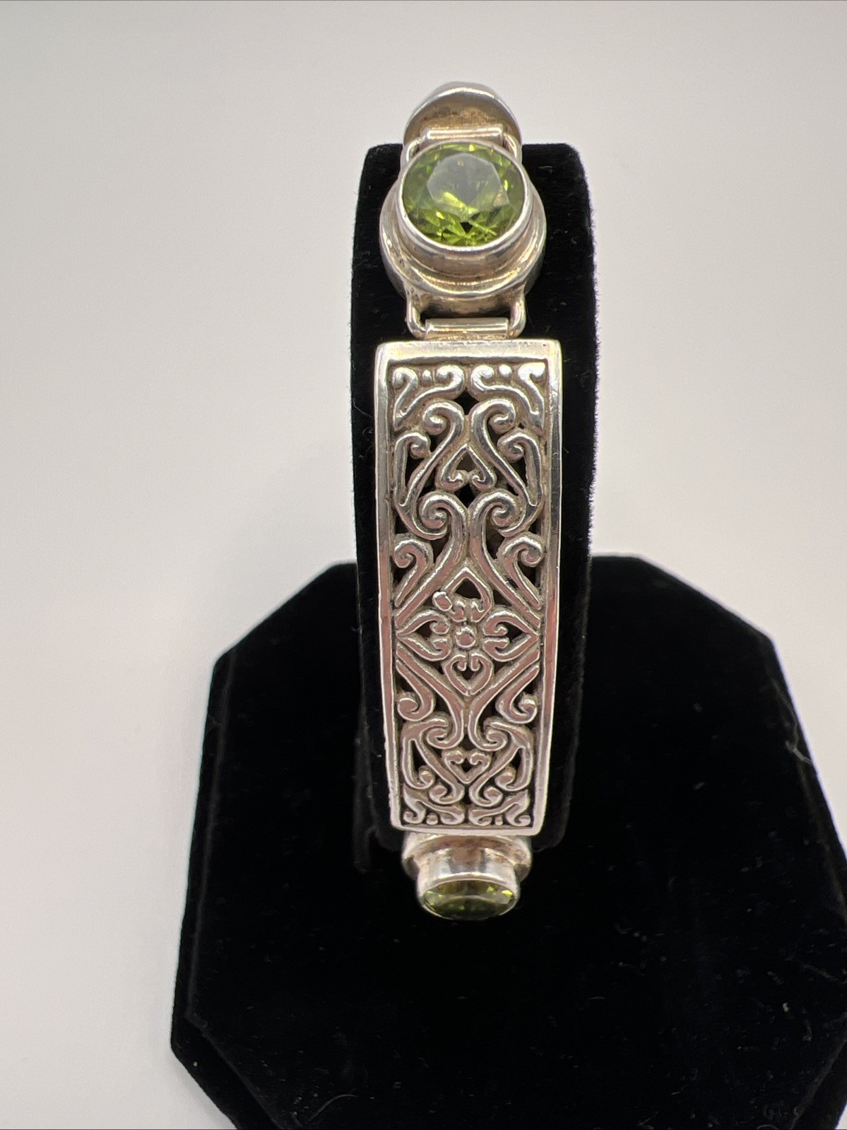 Bali Sterling Silver Peridot Bracelet 7” Handcrafted Balinese Scrollwork Artisan