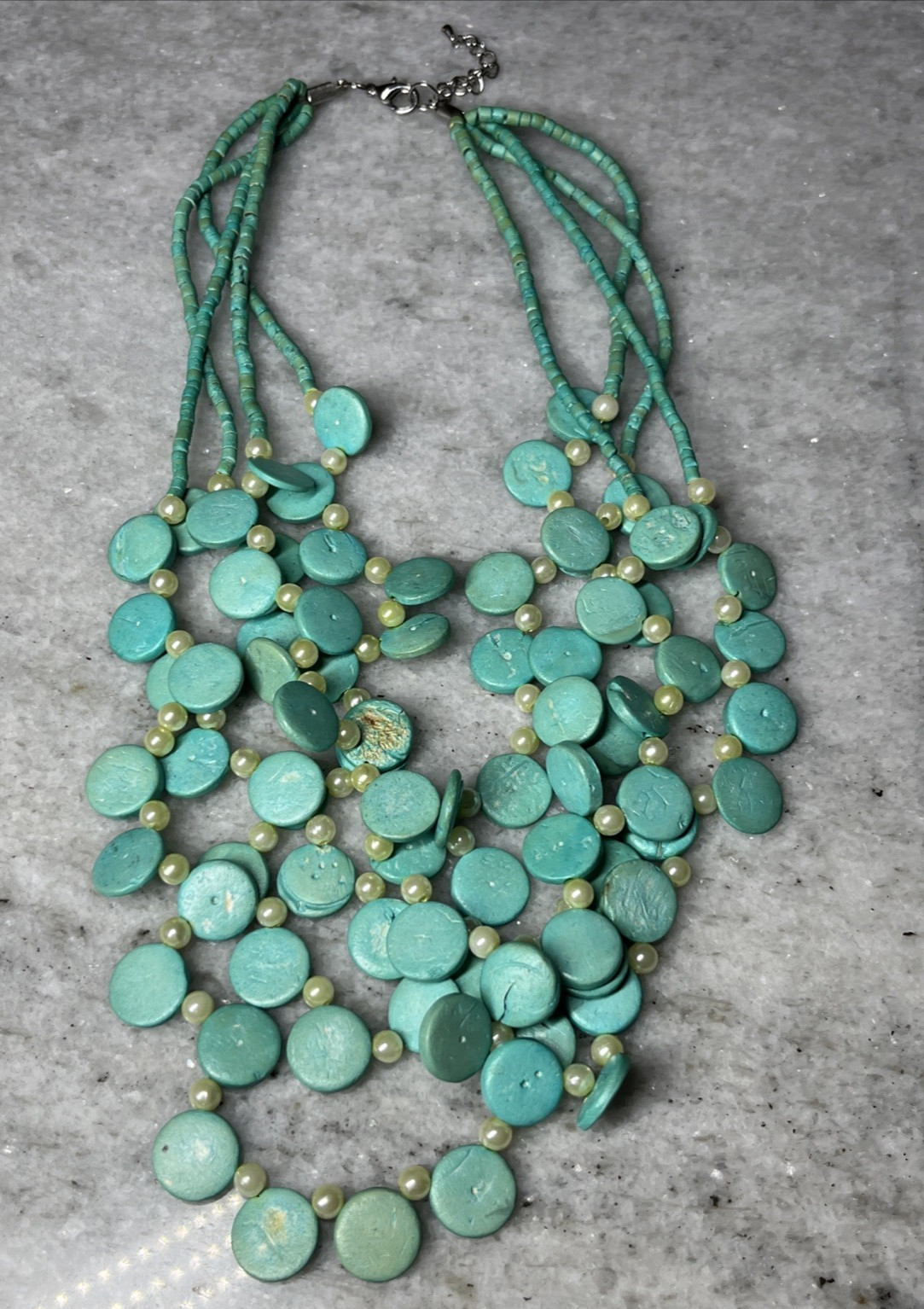 Turquoise Tone Cascade Necklace 4 Strand Layered Discs Beaded Faux Pearl Jewelry