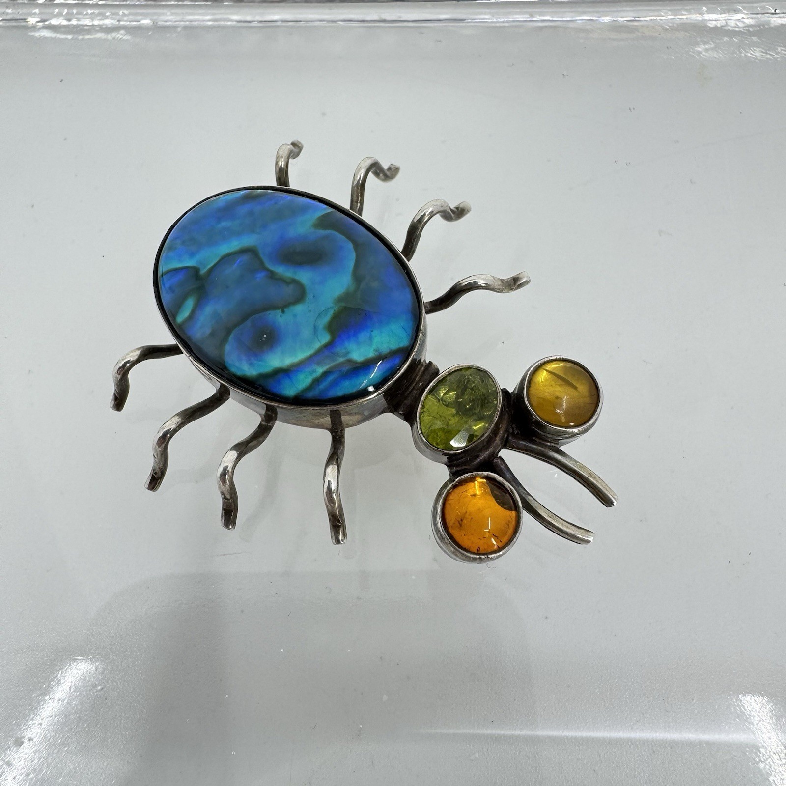 Sterling Silver Multi Stone Paua Abalone Shell Peridot Amber Bug Brooch Pin