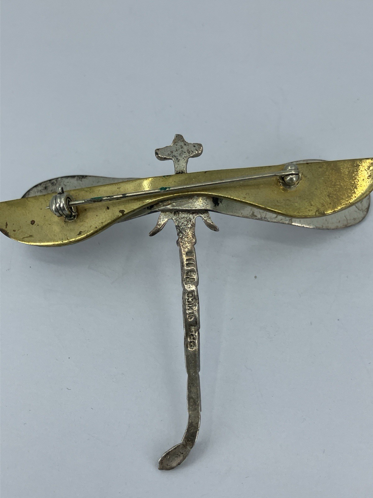 Vintage Mexico Sterling Dragonfly Brooch Eagle Mark Silver 925 Wings Mixed Metal