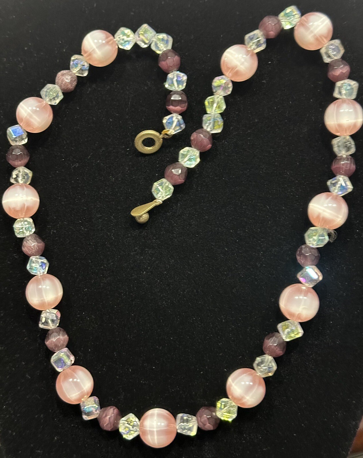 Vintage Pink Rose QUARTZ Genuine Stone & Crystal Beaded Necklace – 19” Goldtone