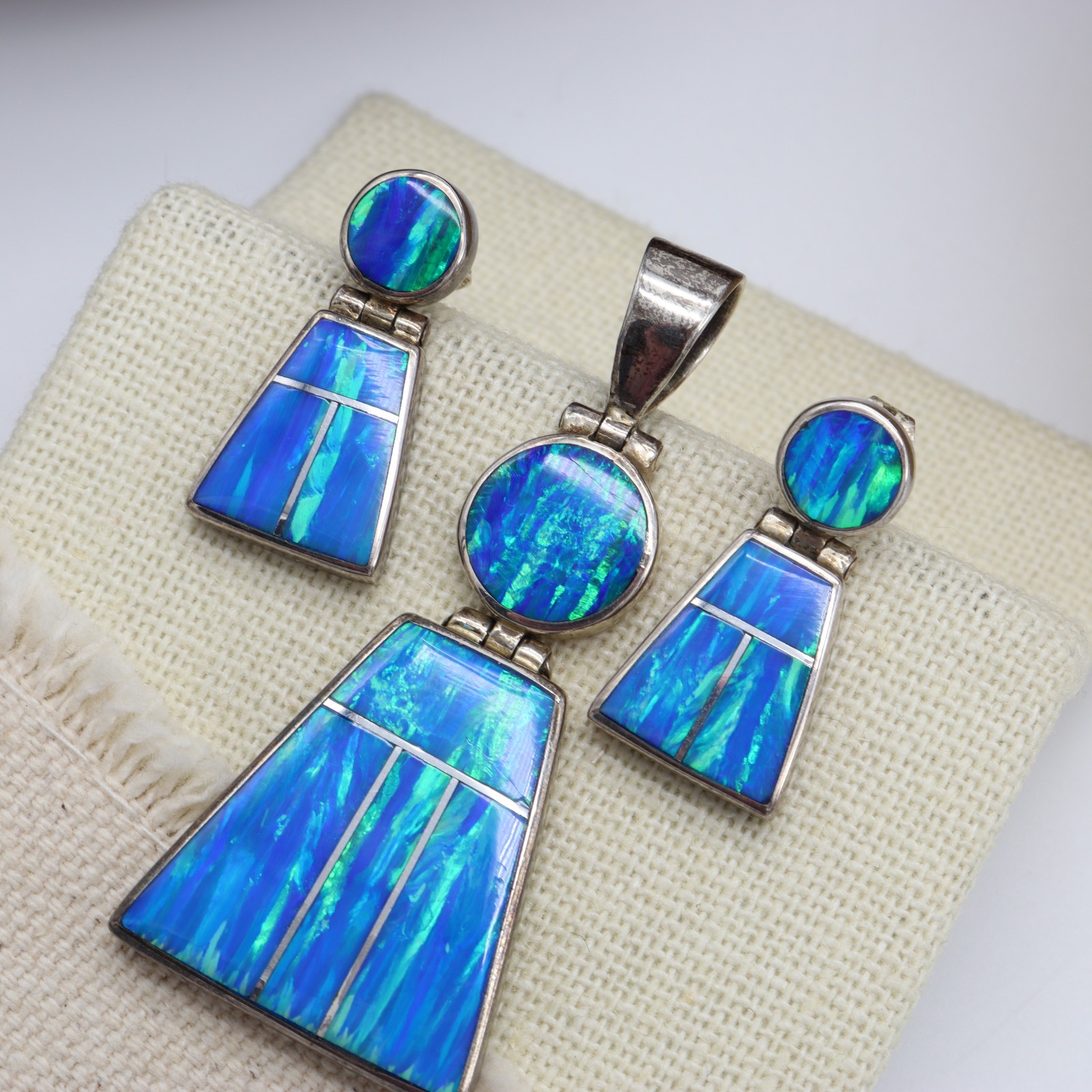 Vtg Sterling Silver 950 Mexico Blue Green Fire Opal Pendant Earrings Set Inlay