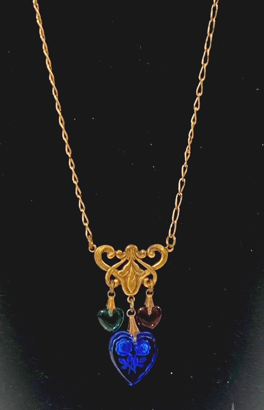 Vintage GLASS WORKS STUDIO Glass and Brass Heart Charm Necklace Intaglio 28”