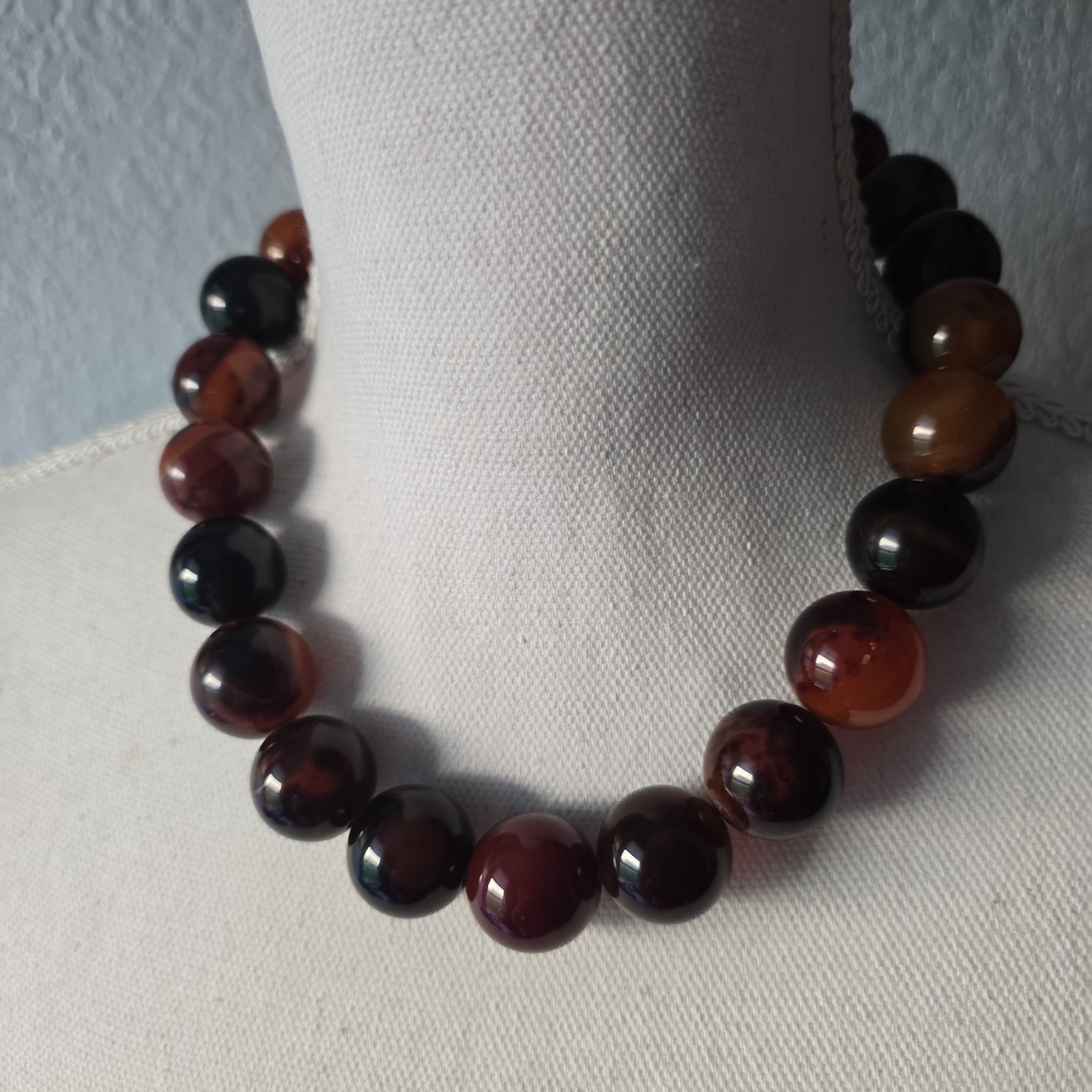 Vintage Heavy Chunky Agate Stone Beads Silver Plated Hook Clasp Necklace 19″ L