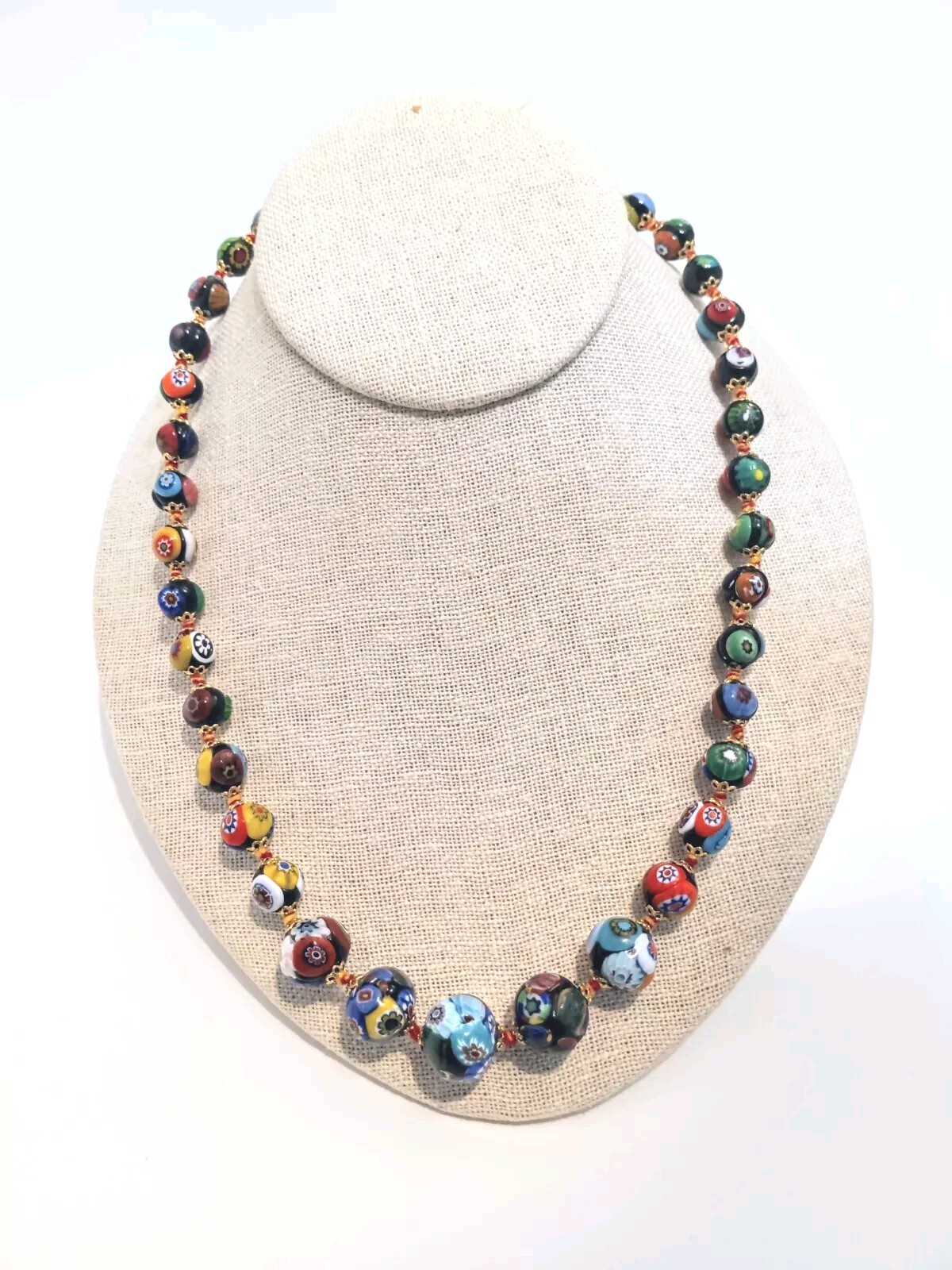 Beaded Necklace Millefiori Multi Color Glass 20″ Strand 1920’s Fish Hook Clasp