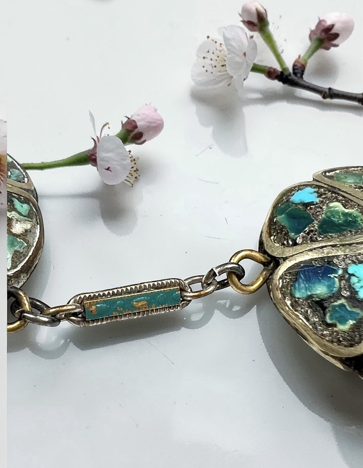 Kashmiri Tibetan Turquoise Chip Mosaic Inlay Necklace Flower Medallions 18” Atq