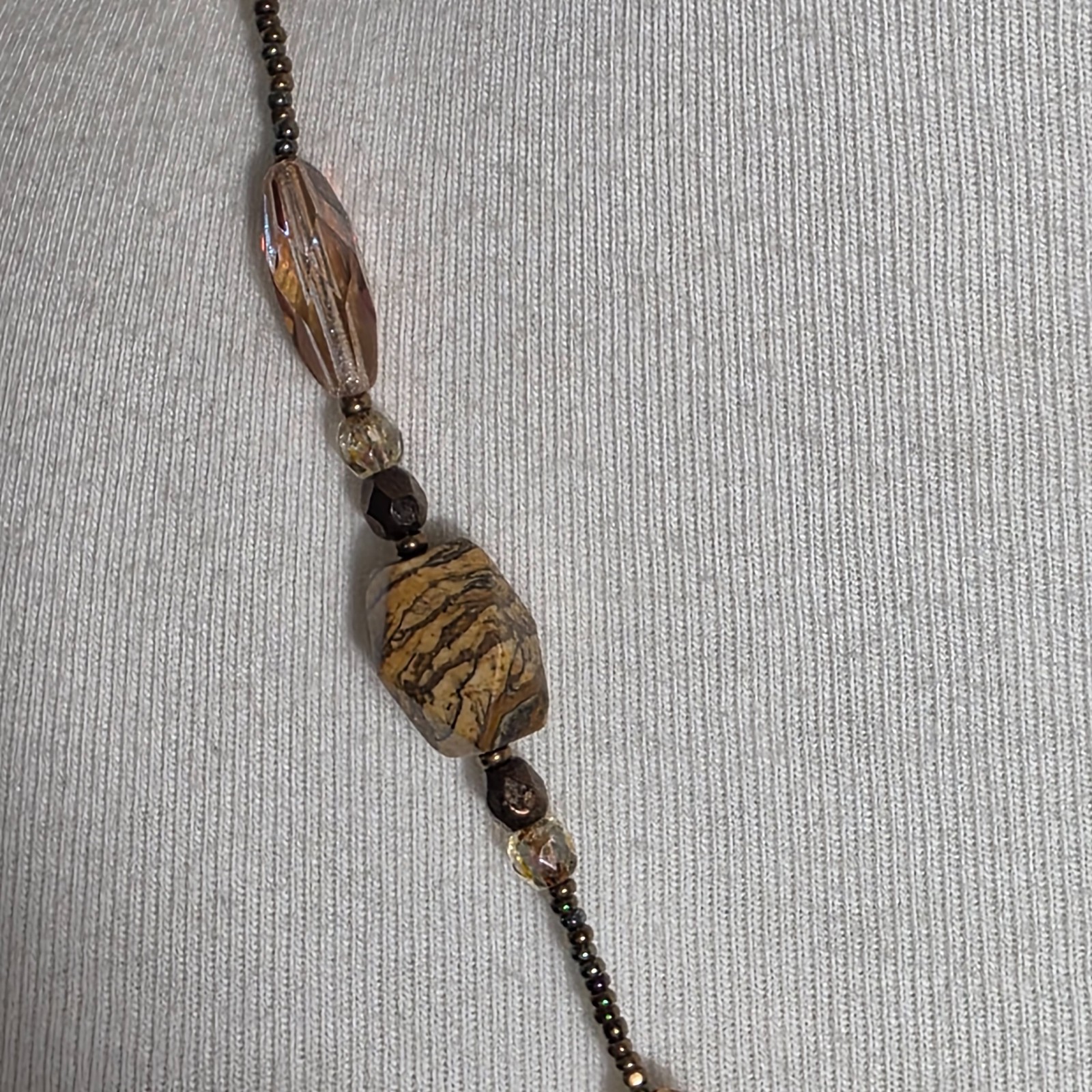 Beaded Lariat Necklace Large Irregularly Shaped Stone Earth-Tone Mix of Beads