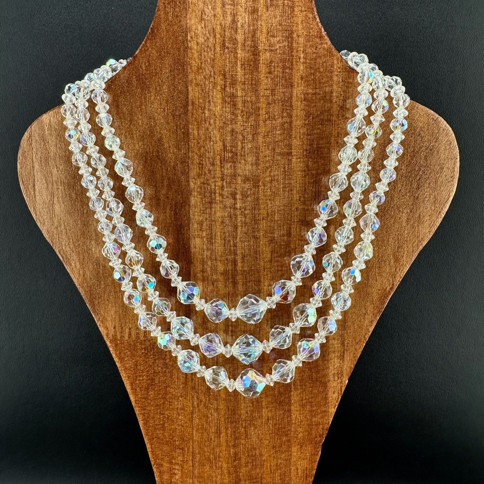 Vintage Aurora Borealis Necklace Crystal Faceted Three Strand Adjustable Hook