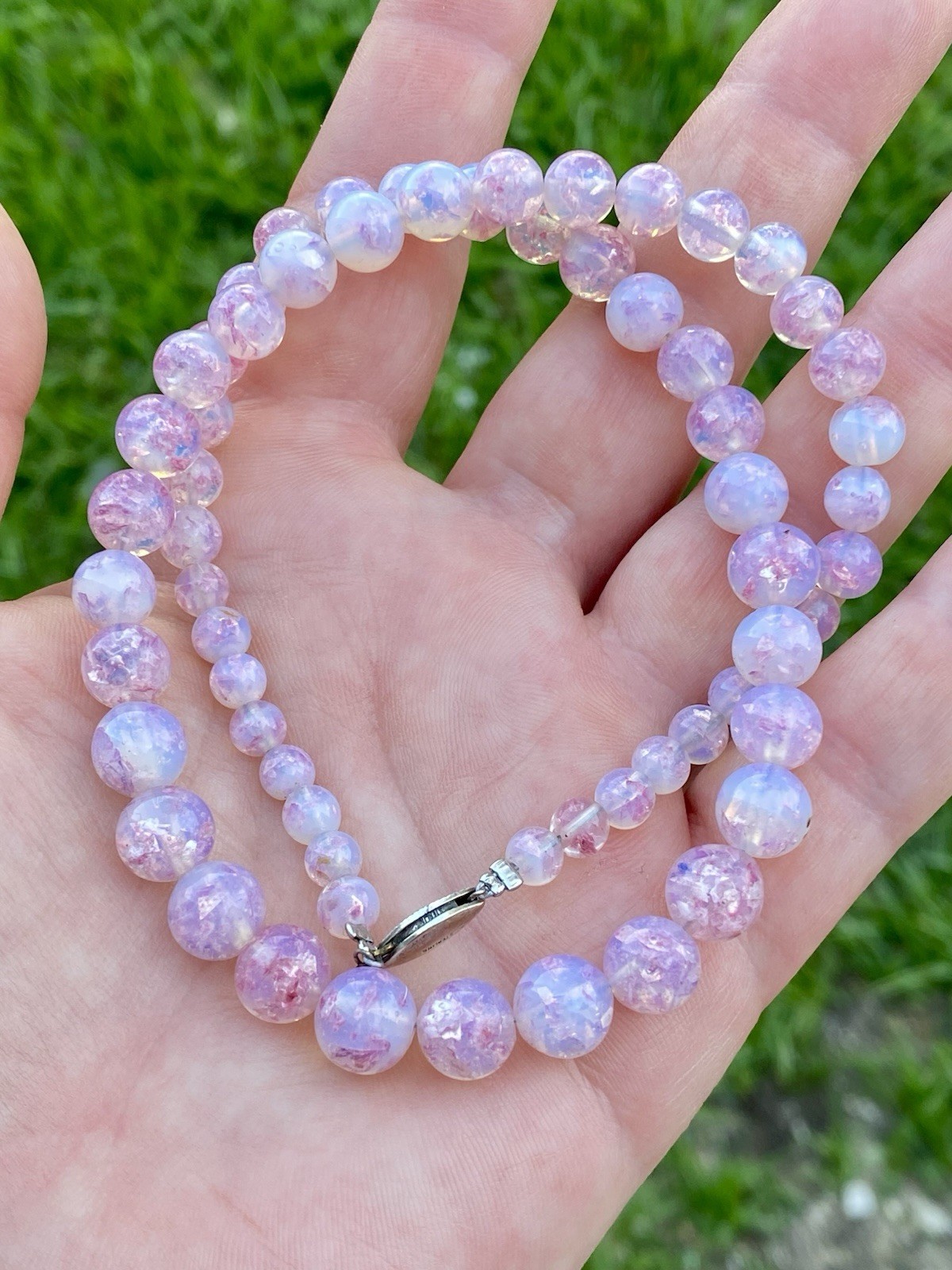 Vtg Opalescent Foil Pink Blue Glass Graduated Necklace Sterling Silver Clasp