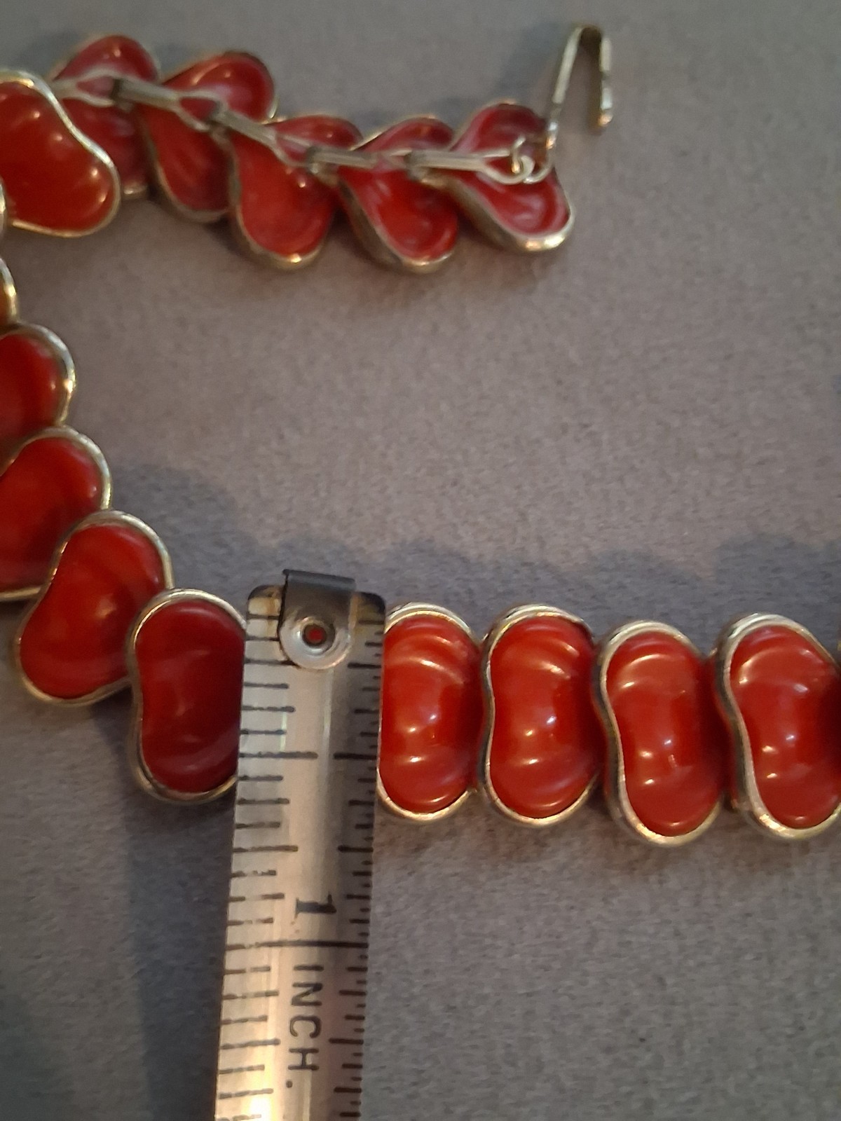 Vintage red celluloid stylized leaf abstract necklace, 16″, articulated