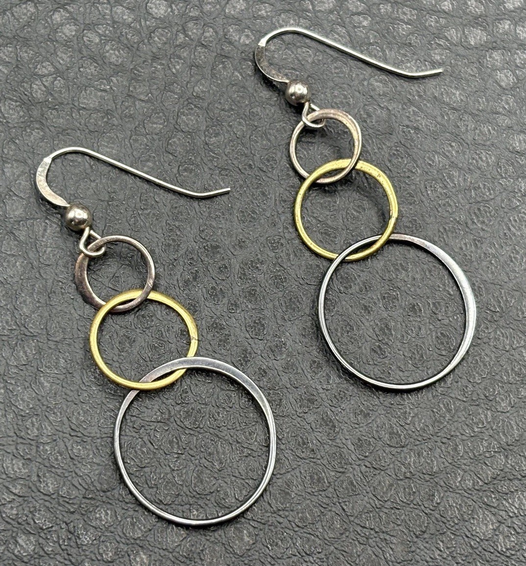 Sterling Silver Mixed Metal Try Color Interlocking Circle Dangle Drop Earrings